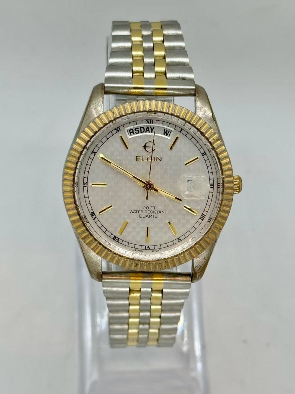 Vintage Elgin Men’s Quartz Watch 37mm Day Date White Dial New Battery Runs